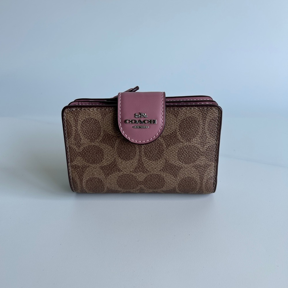 Coach Medium Corner Zip Wallet Brown Pink Signature Canvas Wallet C0082
